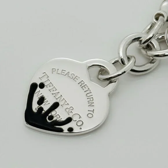 Large Please Return to Tiffany Black Color Splash Enamel Heart Tag Bracelet - Picture 4 of 8